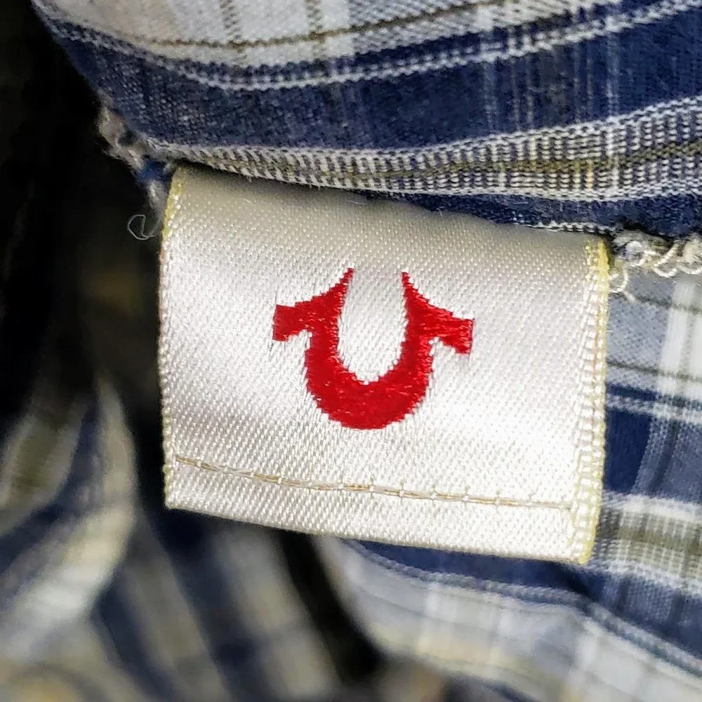 True‎ Religion Plaid Distressed Shirt Men Button Down Pearl Snap Flap Pocket XL